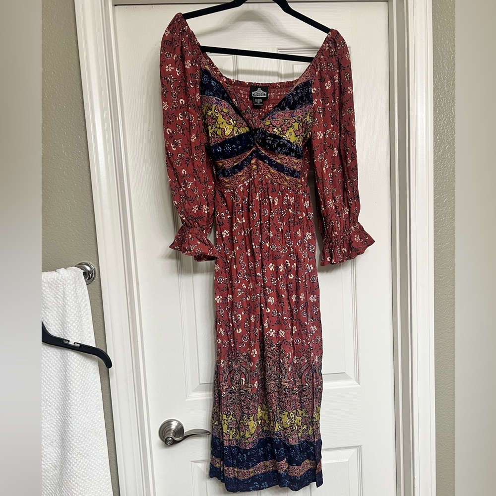 Angie Red Floral Long Sleeve Maxi Dress with Navy and Yellow Accents